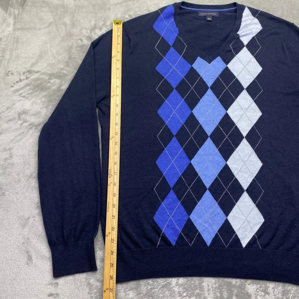Banana Republic Mens‎ Silk Cotton Cashmere Argyle V-Neck Sweater Navy Blue Large